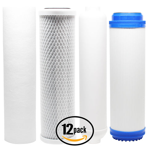 12-Pack Reverse Osmosis Water Filter Kit - Includes Carbon Block Filter, PP Sediment Filter, GAC Filter & Inline Filter Cartridge