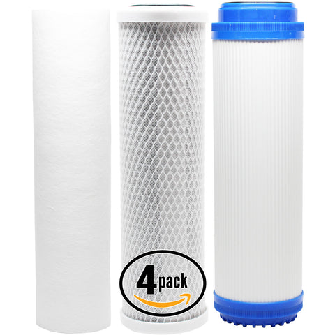 4-Pack Replacement Filter Kit for Hydronix HF3-10CLBK12PR RO System - Includes Carbon Block Filter, PP Sediment Filter & GAC Filter